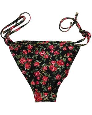 Dolce & Gabbana Black Floral Print Nylon Beachwear Bikini Bottom