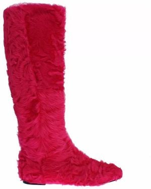 Dolce & Gabbana Lamb Fur Leather Flat Boots Shoes - Red