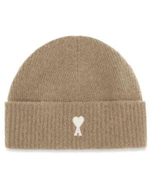 Ami Paris Beige Wool Oves Aries Beanie - Brown