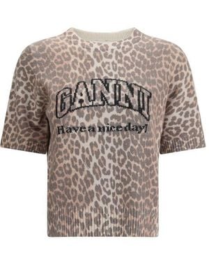 Ganni Leopard Print Short Sleeve Jumper - Natural