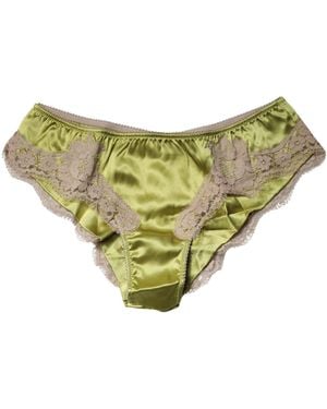 Dolce & Gabbana Underwear Green Silk Satin Floral Lace Panty Brief - Natural