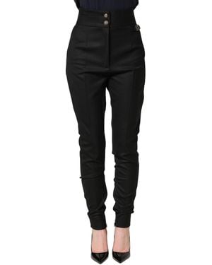 Dolce & Gabbana Black Wool High Waisted Logo Trouser Pants