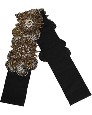 Dolce & Gabbana Black Gold Tone Crystal Brass Flower Brooches Belt