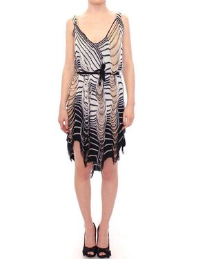 Alice Palmer Chainette Knit Striped Assymetrical Dress - Black