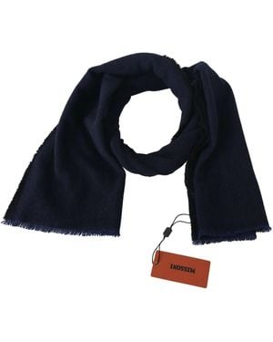 Missoni Dark Blue Wool Unisex Neck Wrap Fringes Logo Scarf