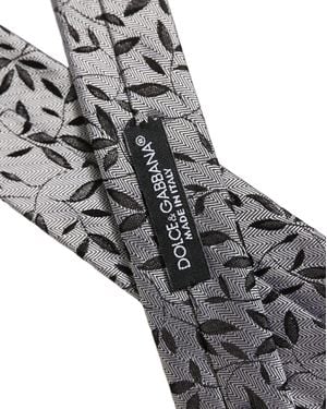Dolce & Gabbana Men Grey Leaf Pattern Silk Adjustable Tied Necktie Tie