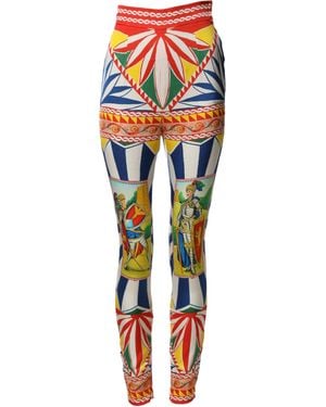 Dolce & Gabbana Multicolour Silk Carretto Leggings Stretch Waist Trousers - Red