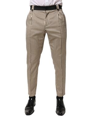 Dolce & Gabbana Beige Black Striped Cotton Slim Fit Pants Pants - Gray