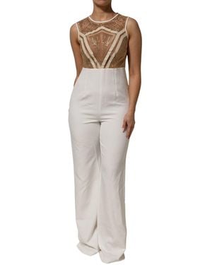 Mangano White Beige Mesh Crystal Embellished Sleeveless Jumpsuit