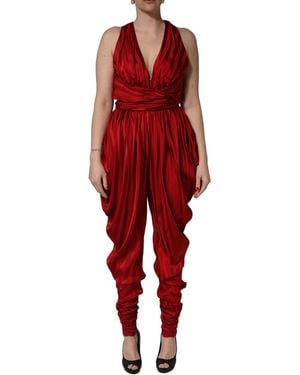 Dolce & Gabbana Red Plunging Halterneck Draped Jumpsuit Dress