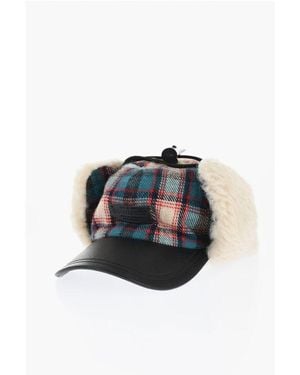 DSquared² Checked Wool Blend Deerstalker Hat With Textured Leater Viso - Blue