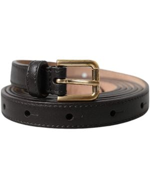 Dolce & Gabbana Black Leather Long Skinny Gold Metal Buckle Belt