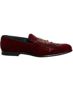Dolce & Gabbana Maroon Sequin Gemstone Dress Loafers Shoes - Red