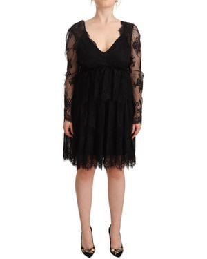 Aniye By Black Floral Lace Cotton Long Sleeves V-neck Shift Dress