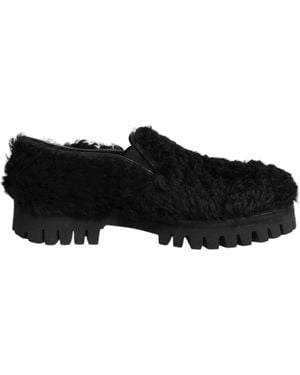 Dolce & Gabbana Dress Black Fur Leather Slippers Men Shoes