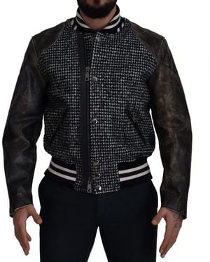 Dolce & Gabbana Houndstooth Leather Bomber Jacket - Black