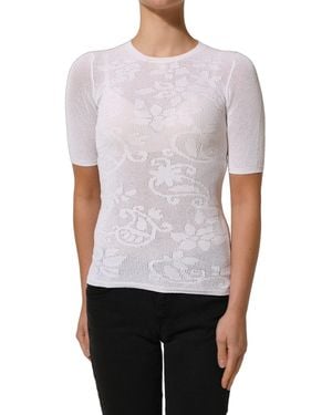 Alpha Studio White Floral Lace Knit Fabric Short Sleeves Blouse Top