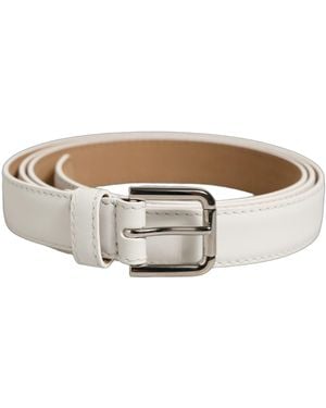 Dolce & Gabbana White Leather Silver Tone Metal Buckle Belt - Grey