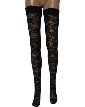 Dolce & Gabbana Black Floral Lace Thigh High Stockings Socks