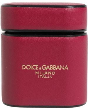 Dolce & Gabbana Pink Calf Leather Logo Print Flip Holder Airpods Case - Red