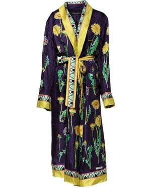 Dolce & Gabbana Blue Floral Print Silk Long Sleeves Wrap Robe