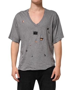 Dolce & Gabbana Gray Cotton Tattered Logo Patch Men T
