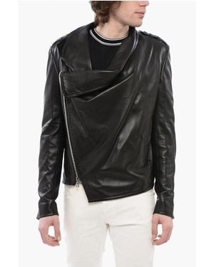 Balmain Front Draped Leather Jacket With Decentralized Zip - Black