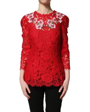 Dolce & Gabbana Red Lace Floral Embroidery Long Sleeves Top