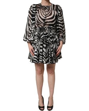 MSGM Black White Zebra Puff Sleeves Mini Dress