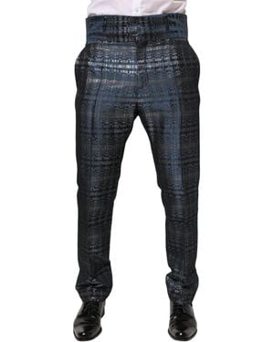 Dolce & Gabbana Blue Silver Shiny Silk Skinny Men Trouser Trousers