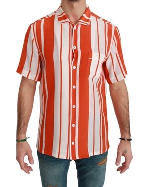 Dolce & Gabbana Dolce Gabbana Silk Striped Short Sleeve White Shirt - Red