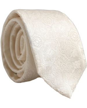 Dolce & Gabbana Off White Silk Damask Woven Adjustable Tied Necktie Tie - Natural