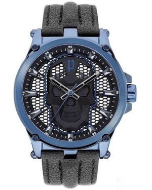 Police Black Leather Watch - Blue