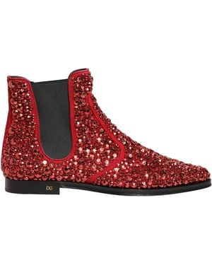 Dolce & Gabbana Red Embellished Chelsea Ankle Boots Shoes