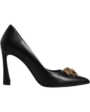 Versace Black Leather Logo Plaque High Heels Pumps Shoes