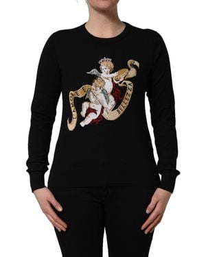 Dolce & Gabbana Black Angels Wool Crew Neck Pullover Jumper