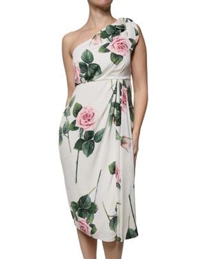 Dolce & Gabbana Floral Silk One Shoulder Midi Dress - White