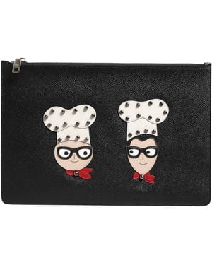 Dolce & Gabbana Black Leather #dgfamily Embellished Men Clutch Pouch Bag