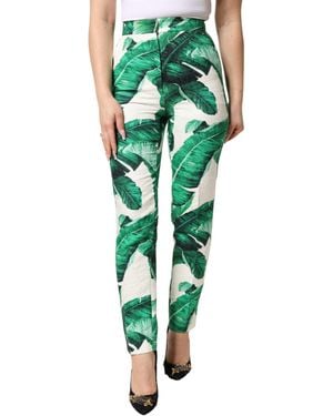 Dolce & Gabbana White Green Leaf High Waist Pants Pants