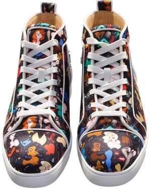 Christian Louboutin Louis Orlato Flat Crepe Satin Multicolour Limited Edition Dr Bored Print High Top Trainers - Black