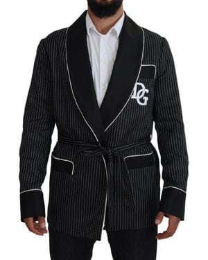 Dolce & Gabbana Striped Wrap Jacket With Dg Patch - Black