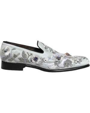 Dolce & Gabbana White Floral Embellished Men Loafers Shoes