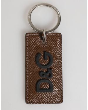 Dolce & Gabbana Dark Brown Leather Logo Metal Ring Keychain Holder Keyring