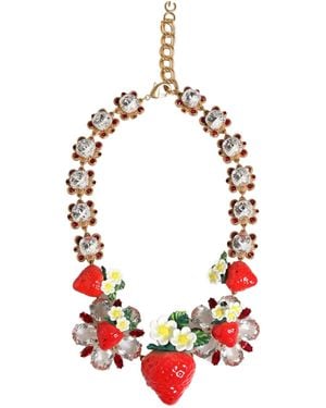 Dolce & Gabbana Brass Fruit Pendants Flowers Crystal Logo Necklace - White