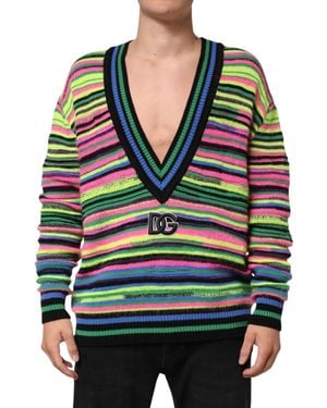 Dolce & Gabbana Striped Vneck Logo Jumper - Red