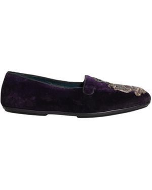 Dolce & Gabbana Purple Velvet Crown Embroidery Loafers Shoes - Blue