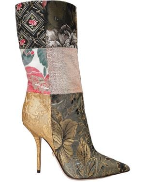 Dolce & Gabbana Patchwork Print Heeled Boots Shoes - Brown