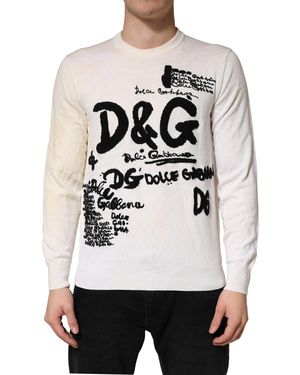Dolce & Gabbana Virgin Wool Graphic Logo Crewneck Sweater And Clothing - White