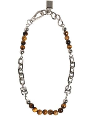 Dolce & Gabbana Silver Tone Brass Chain Beaded Gem Dg Logo Bracelet - Metallic