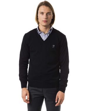 Uominitaliani Embroidered V-Neck Merino Wool Jumper - Black